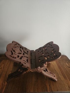 Hand Carved Wooden Folding Book Stand Rehal Floral Leaf Design 11" Wide India